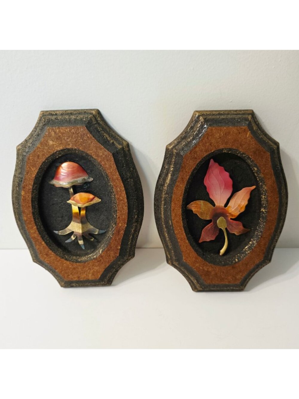 Vtg 70s 2 Wall Art MCM 3D Copper Pressed Wood Mushroom Leaf Decor Groovy Cottage